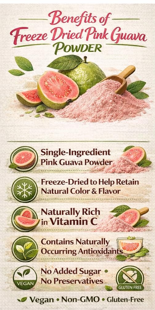 Indus Farms Freeze Dried Pink Guava Powder, Unsweetened Tropical Fruit for Smoothies, Yogurt, Baking & Ice Cream, Single Ingredient, No Added Sugar