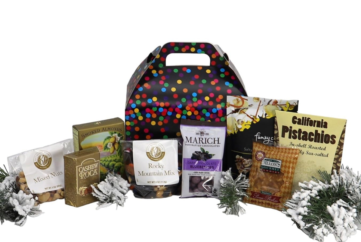 Gift Basket Village - Christmas Confetti Gourmet Gift Box: Nuts, Roca Candy, Snack Mix, Popcorn, and More, Festive Holiday Treats, Handcrafted in