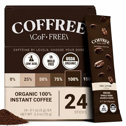COFFREE Organic Instant Coffee Packets - Mold Free, Low Acid, Single-Origin Arabica - Individual Single Serve Coffee Sticks - Easy for Travel, Camping