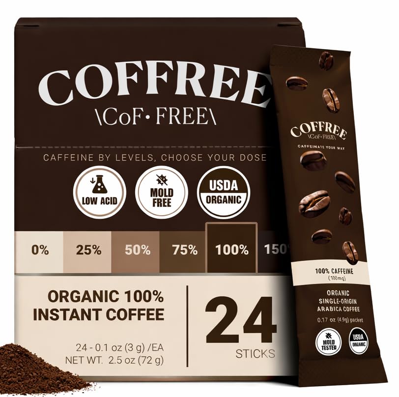 COFFREE Organic Instant Coffee Packets - Mold Free, Low Acid, Single-Origin Arabica - Individual Single Serve Coffee Sticks - Easy for Travel, Camping