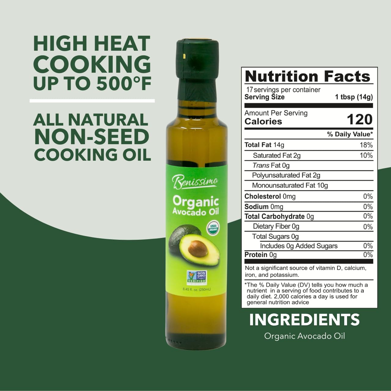 Benissimo Organic Avocado Oil, 8.45 Fl Oz · Cold-Pressed, USDA Organic, Non-GMO, Allergen-Free Premium Cooking Oil for Sautéing, Roasting, Baking