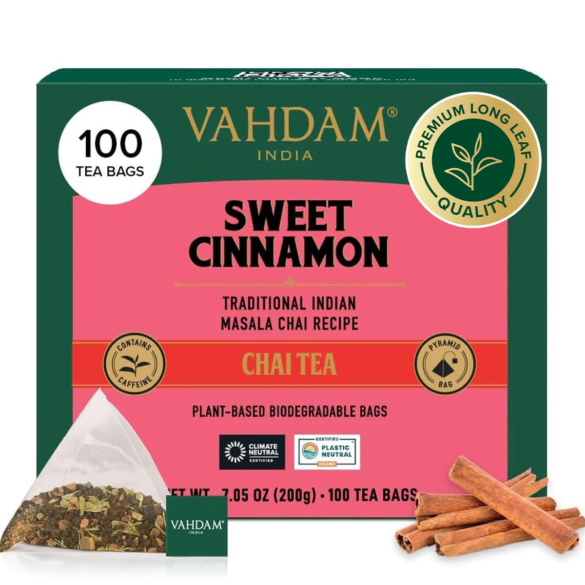 VAHDAM Sweet Cinnamon Chai Tea Bags (100 Count) | 100% Natural Spices | Spiced Masala Chai with Natural Cinnamon | Aromatic & Rich Flavor | Hot or