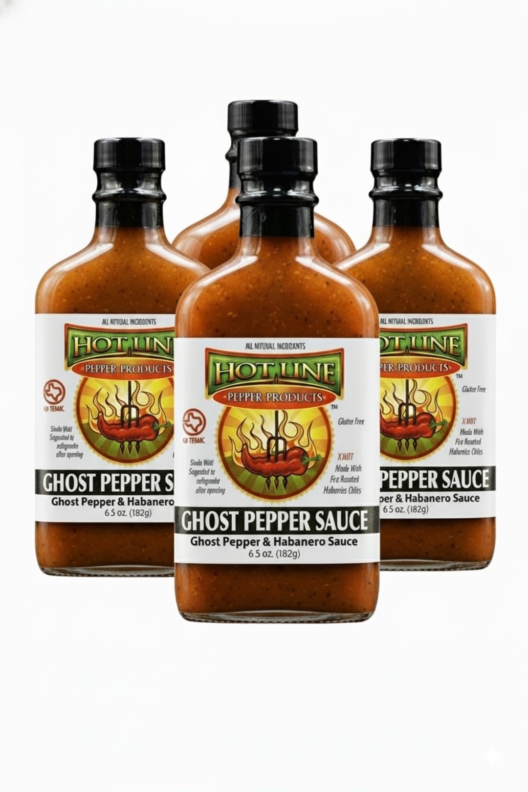 HOT LINE PEPPER PRODUCTS Gourmet Hot Sauces (Ghost Pepper, 4 pack) Hot Line Pepper Products Ghost Pepper Sauce - Fiery & Flavorful Blend of Ghost