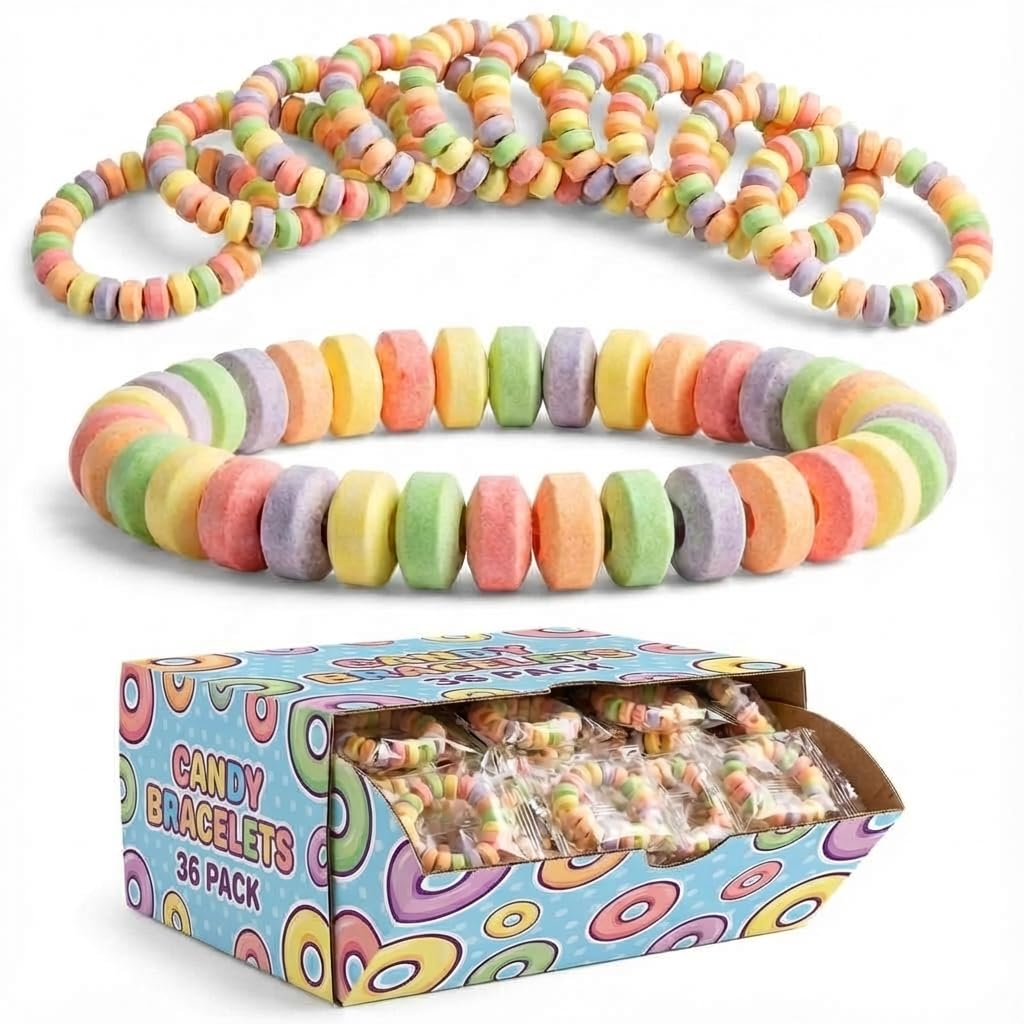 36-Pack Candy Bracelets for Kids 2.5 Inch - Individually Wrapped Bulk Novelty Candy - Stretchable Edible Fruit Flavor Rainbow Bracelets for Birthday