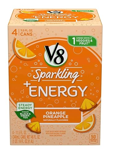 V8 +Energy Sparkling Healthy Energy Drink, Natural Energy from Tea, Orange Pineapple, 8.4 Oz Can, 4 Count