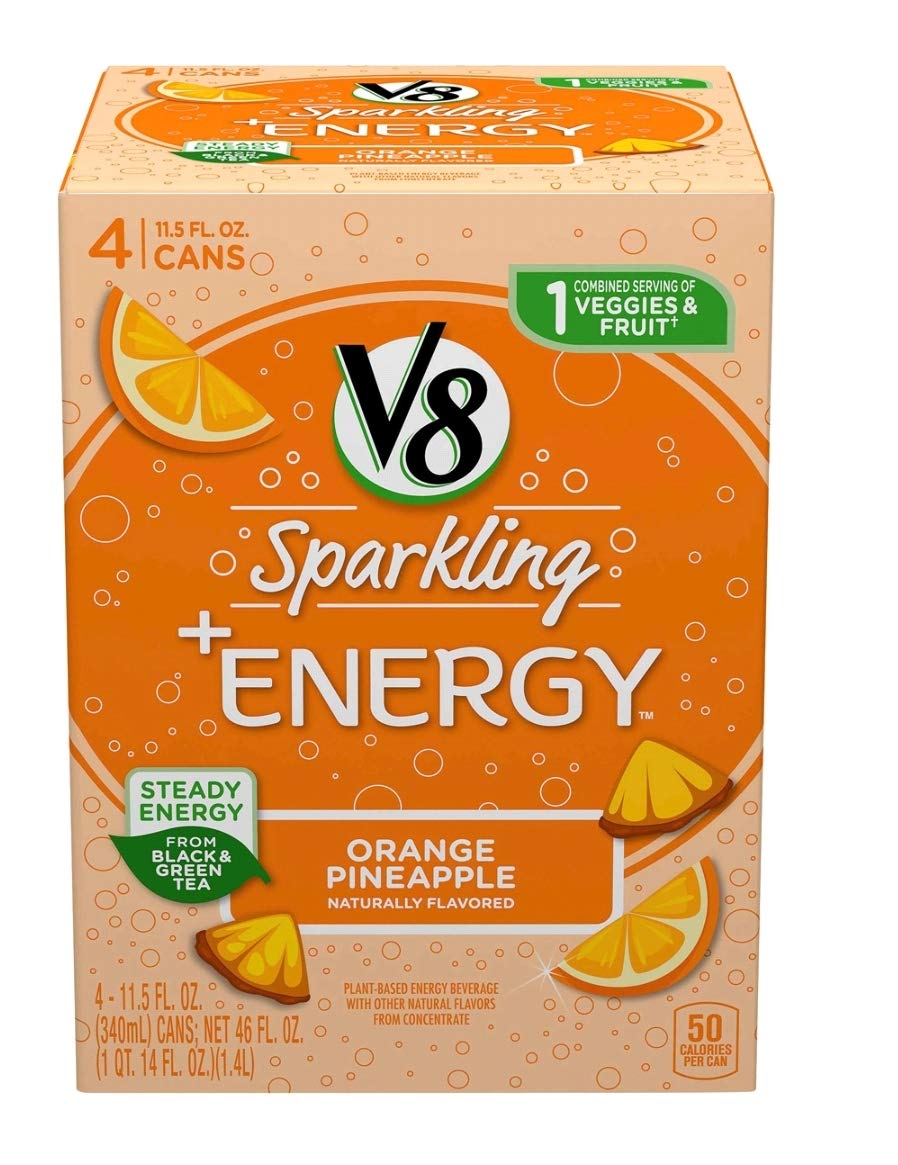 V8 +Energy Sparkling Healthy Energy Drink, Natural Energy from Tea, Orange Pineapple, 8.4 Oz Can, 4 Count