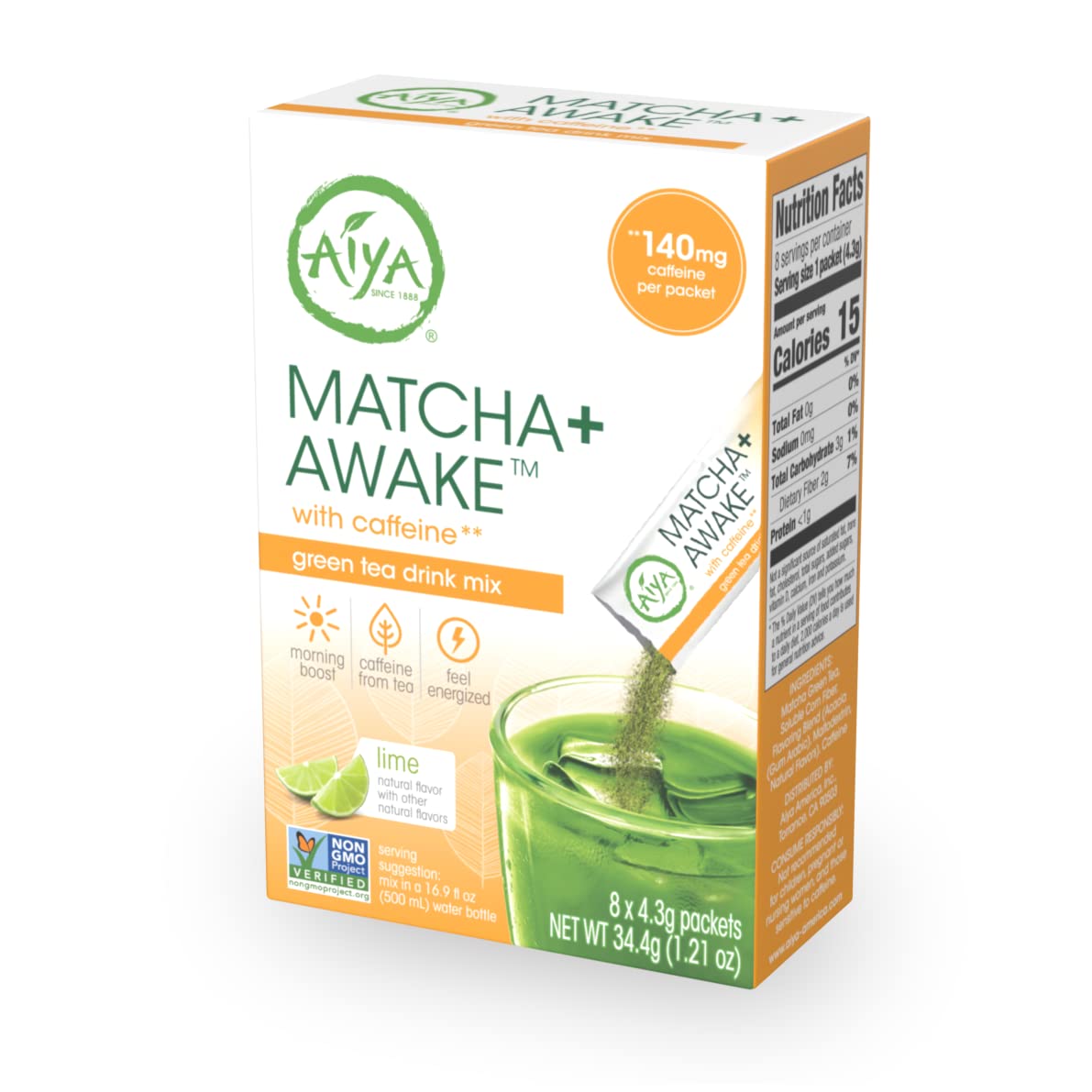 Aiya Matcha+ Awake™ - Lime Flavored Matcha Energy Drink Mix - 140mg Caffeine per Packet - Premium Japanese Matcha Green Tea Powder - On-the-Go Energy