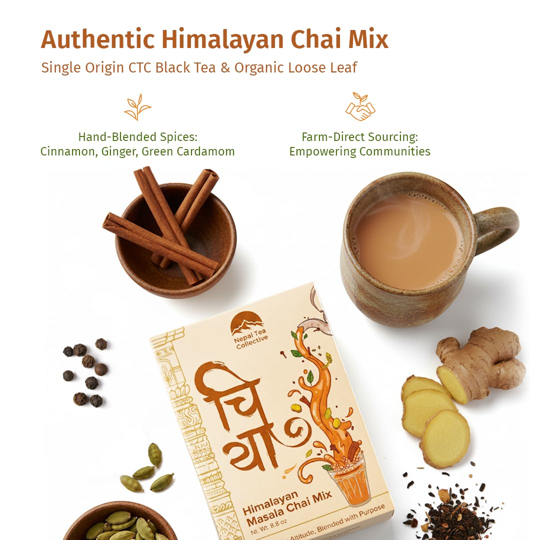Nepal Tea Himalayan Masala Chai Tea Mix | CTC & Loose Leaf Black Tea with Organic Chai Spice Blend - Cinnamon, Ginger, Cardamom, Cloves & Black Pepper