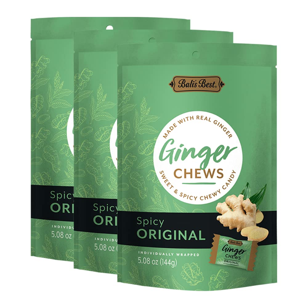 Bali's Best Ginger Chews, Spicy Original Flavor, 5.08 Oz (Pack of 3), Individually Wrapped Soft Candy, Made with 100% Real Ginger, Digestive Health