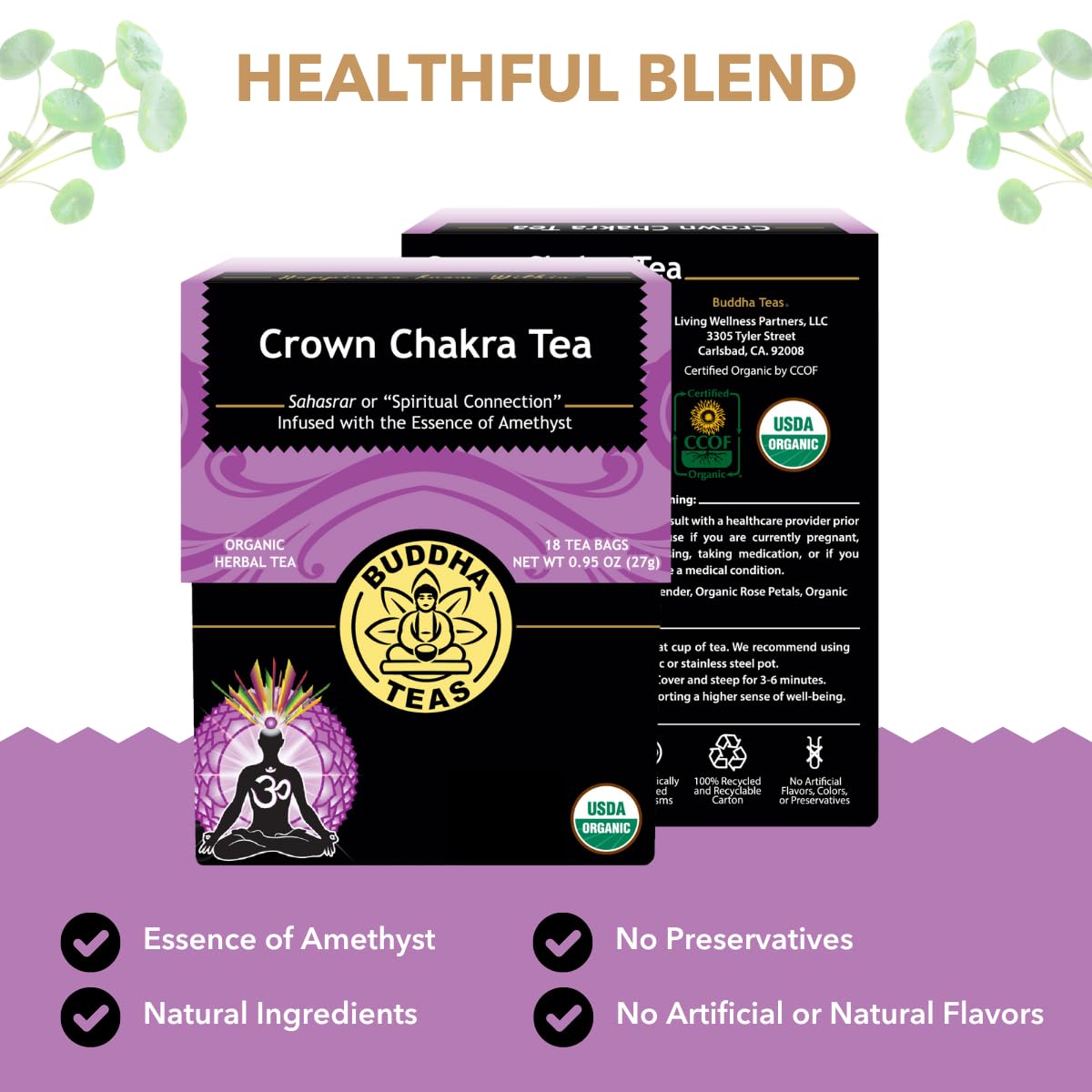 Buddha Teas - Crown Chakra Tea - Organic Herbal Tea - For Spiritual Connection - With Lavender, Gotu Kola Leaf, Rose Petal & Amethyst Essence - 100%
