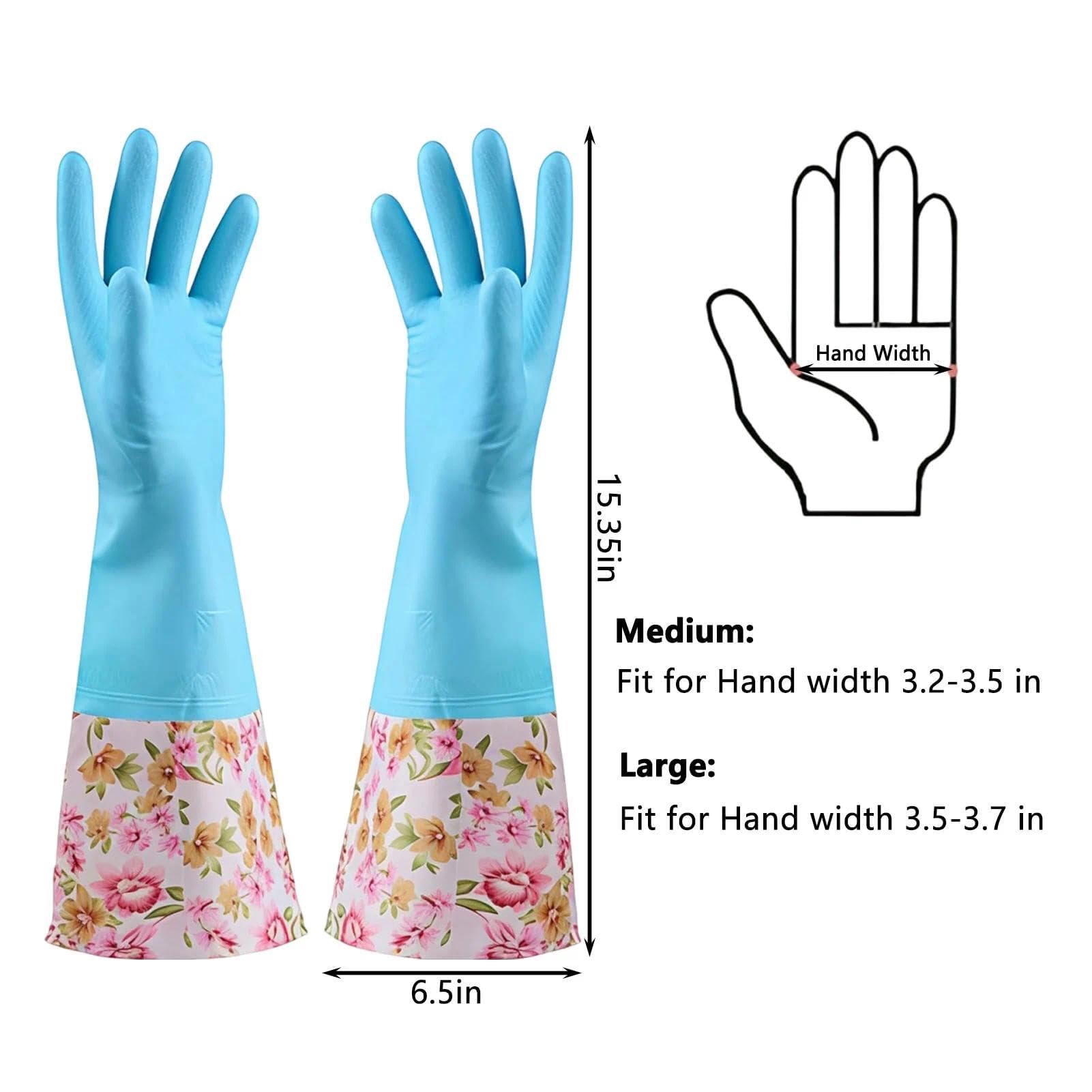 KINGFINGER Rubber Latex-Free Waterproof Dishwashing Gloves,2 Pair Medium Long Cuff Flock Lining Household Cleaning Gloves