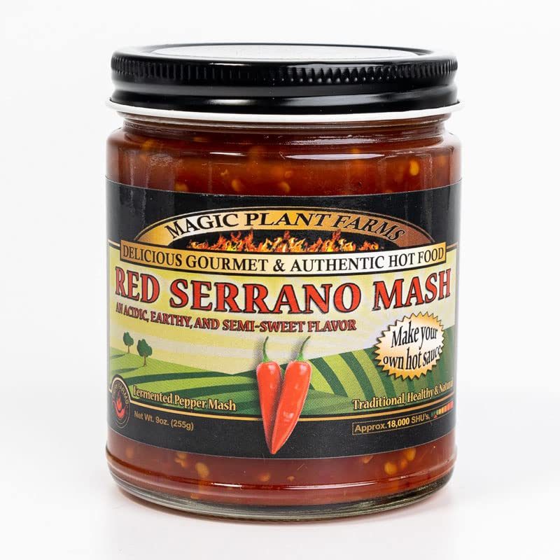 Red Serrano Pepper Mash by Magic Plant, 9 Oz Jar - Fresh Punch of Bold Flavor with an Earthy Semi-Sweet Flavor with Heat - 10K-25K SHUs - Chili Sauce