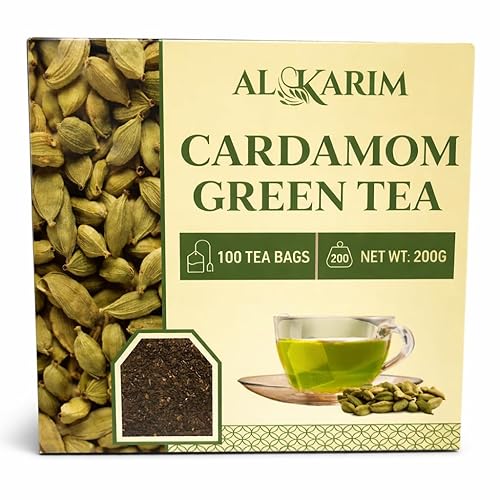 AL-KARIM Cardamom Green Tea, 100 Tea Bags, Natural Cardamom Flavor, 200g Net Weight