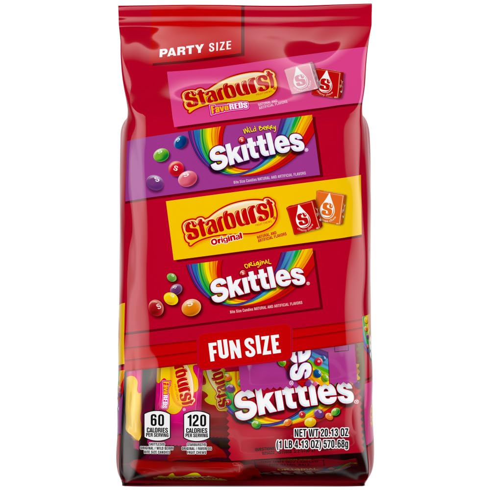 SKITTLES Original, Wild Berry & STARBURST Original and FaveReds Fun Size Chewy Candy Variety Pack, Party Size, 20.13 Oz Bulk Candy