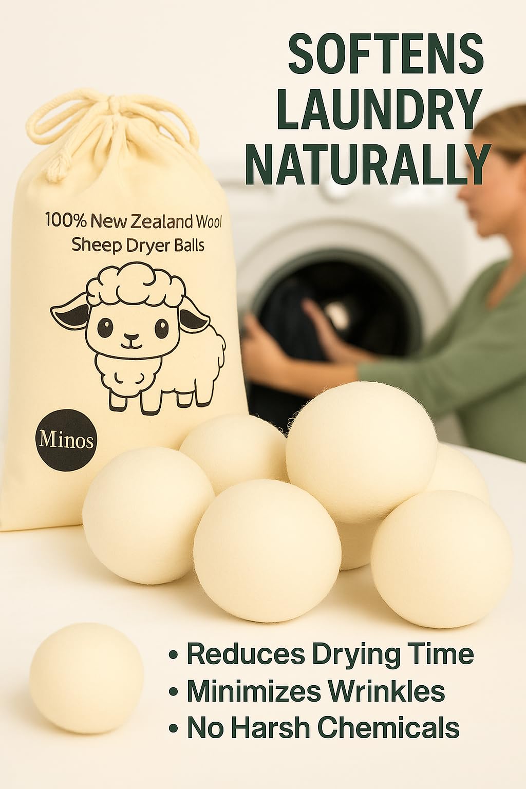 Natural Wool Dryer Balls | Reusable Natural Fabric Softener | Reduces Wrinkles & Drying Time | Large Dryer Balls is a Better Alternative to Plastic