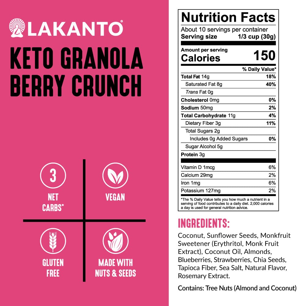 Lakanto Berry Crunch Granola - Delicious Snack, Quick Breakfast Cereal, Keto Friendly, Monk Fruit Sweetener, No Sugar Added, Vegan, Gluten Free, Grain