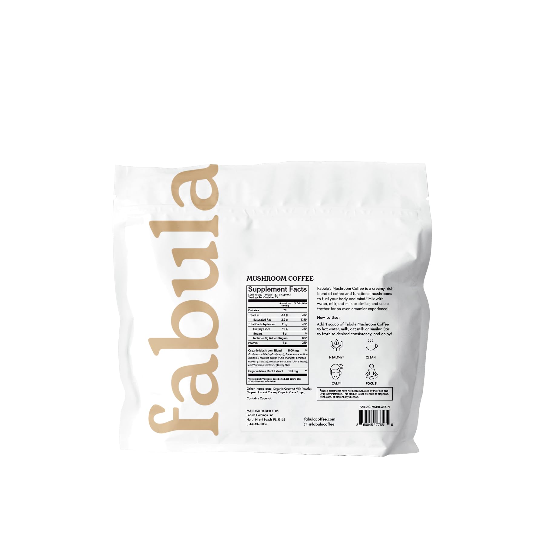 Fabula Instant Mushroom Coffee with Cordyceps, Reishi King Trumpet, Shiitake, Lion’s Mane, Turkey Tail, Organic Arabica Blend - Low Acid, Mold Free