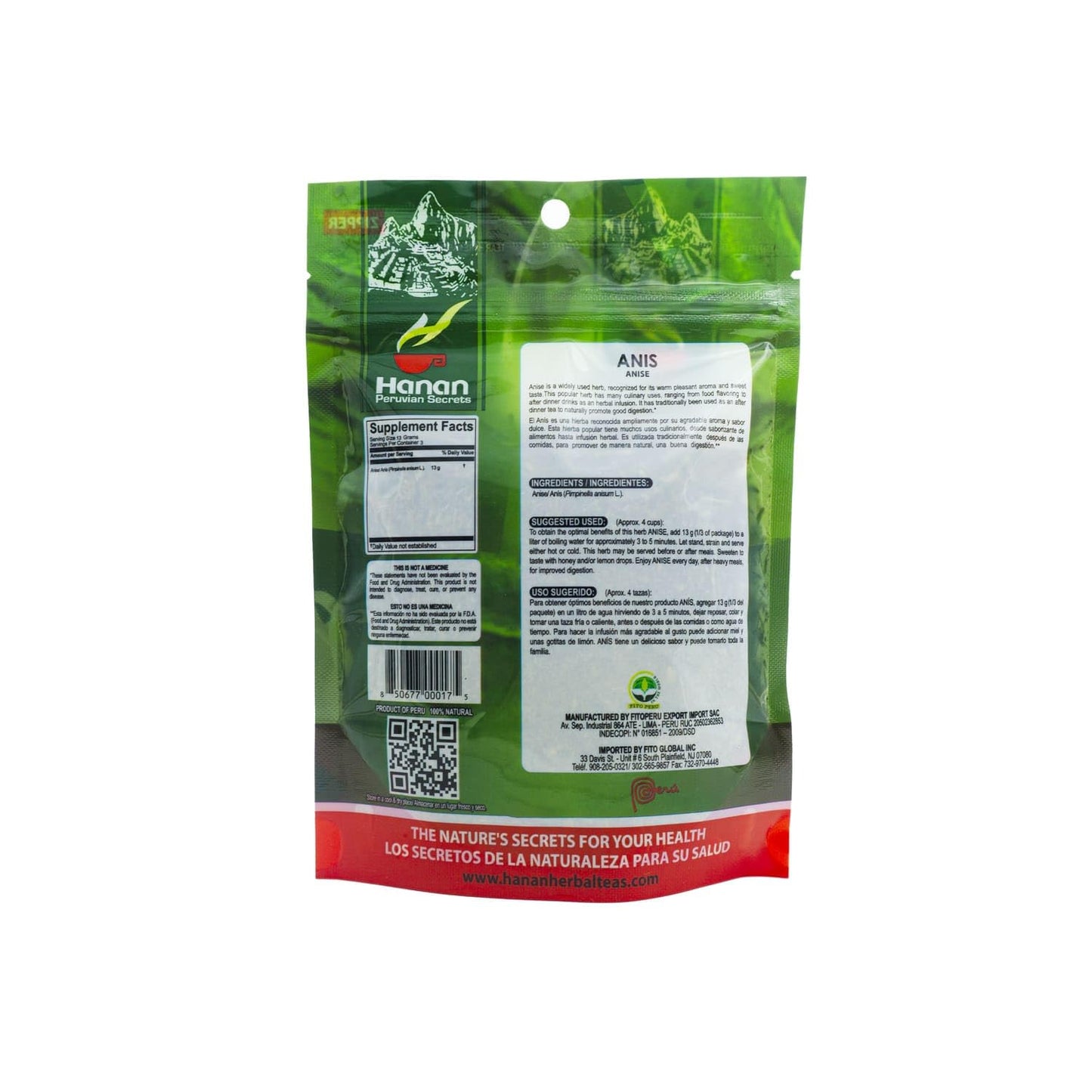 Hanan Peruvian Secrets Anis Herbal Tea | 100% Natural Anise | 1.41oz / 40g |Naturally Aids in Digestive Discomfort, Flatulance, Colic, Expectorant
