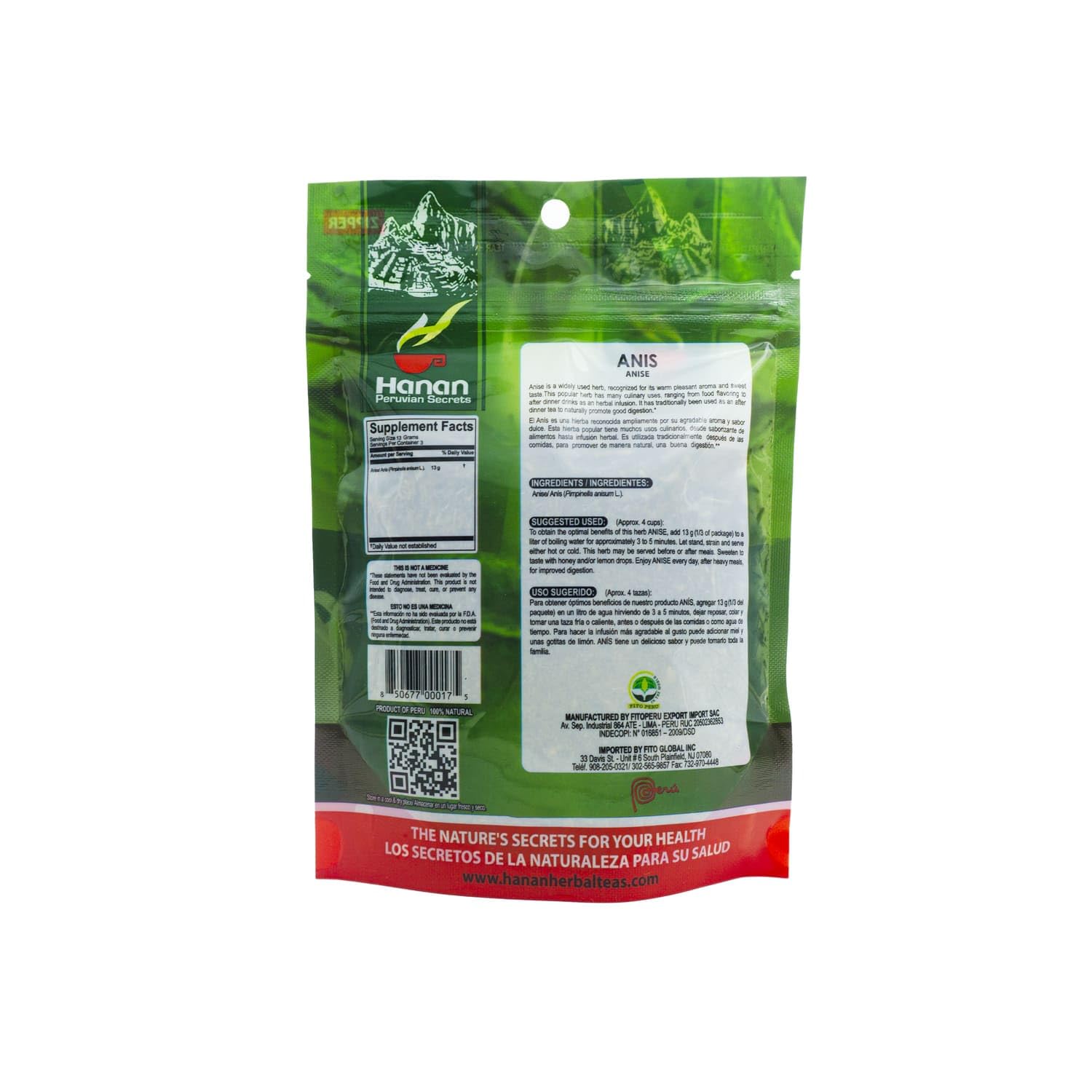 Hanan Peruvian Secrets Anis Herbal Tea | 100% Natural Anise | 1.41oz / 40g |Naturally Aids in Digestive Discomfort, Flatulance, Colic, Expectorant
