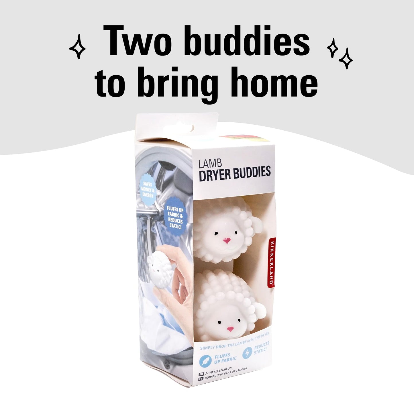 Kikkerland Set of Two Reusable Dryer Buddies for Laundry - Fabric Softener Dryer Balls - Control Static, Remove Wrinkles, Dry Clothes Faster, Lambs