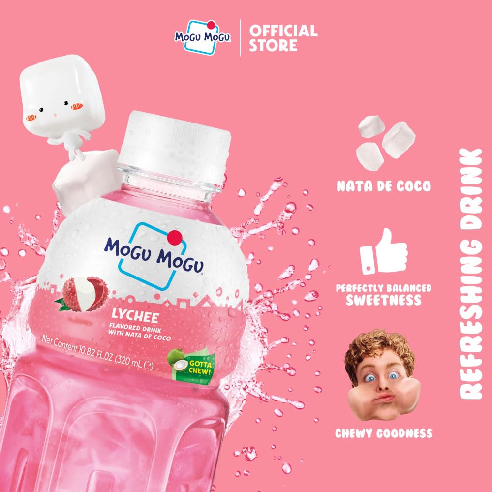 Mogu Mogu Lychee Juice Drink with Nata de Coco (Coconut Jelly) - Chewy Fruit Beverage for Kids & Adults, 6 Pack Bottles, 10.82 fl oz Each