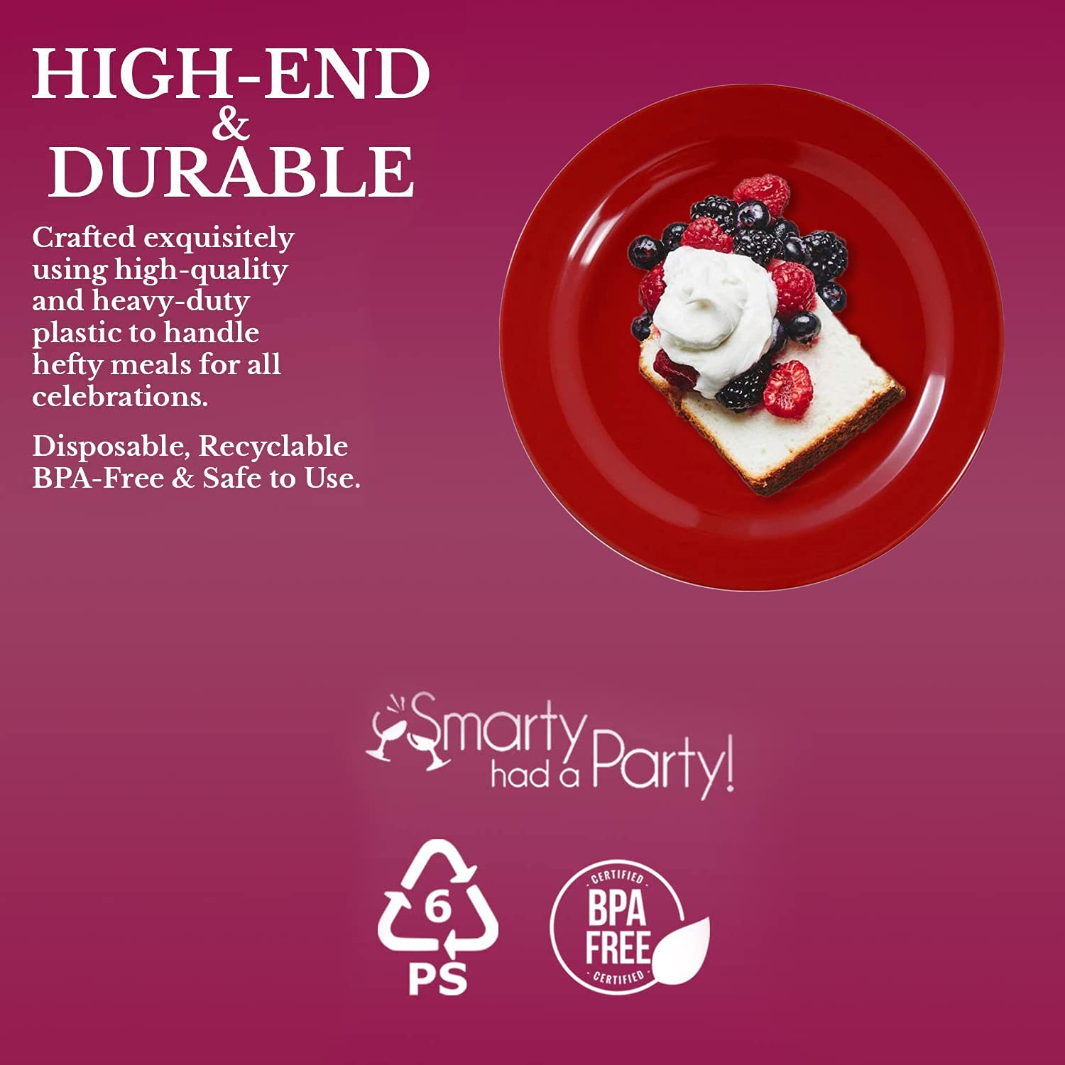 Smarty Had A Party - Premium 7.5 Inch Red Disposable Salad and Dessert Plates - 120 Count Heavy Duty BPA-Free Plastic Plates, Recyclable Party Plates