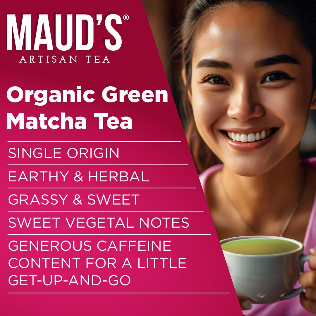 Maud's Organic Matcha Green Tea Pods, 24 ct, Single Serve Tea Pods - 100% Gourmet Blended Tea Leaves, Compatible with Keurig K Cups Maker