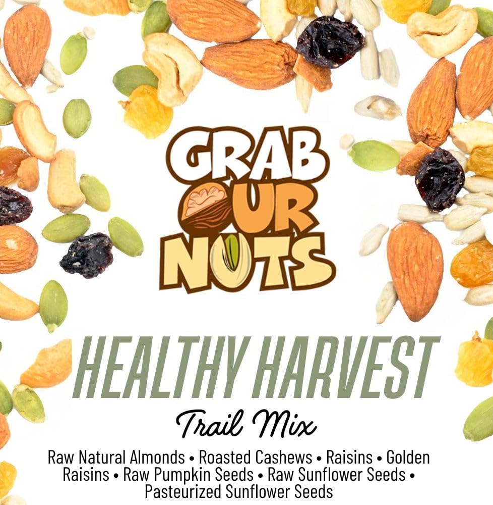 Grab Our Nuts Healthy Harvest Trail Mix 40 Ounce Jar: Raw Natural Almonds, Roasted Cashews, Raisins, Golden Raisins, Raw Pumpkin Seeds, Raw Sunflower