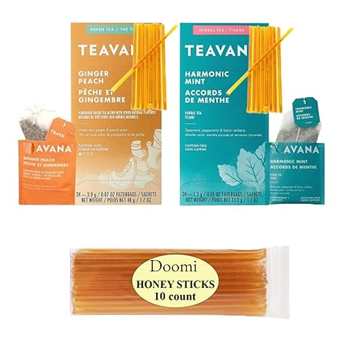 Doomi Peach Tranquility Tea and Jade Citrus Mint - Medicine Ball Cold Buster - 24 Sachets Each (48 Total) Plus Doomi Pure Honey Clover Sticks (10)