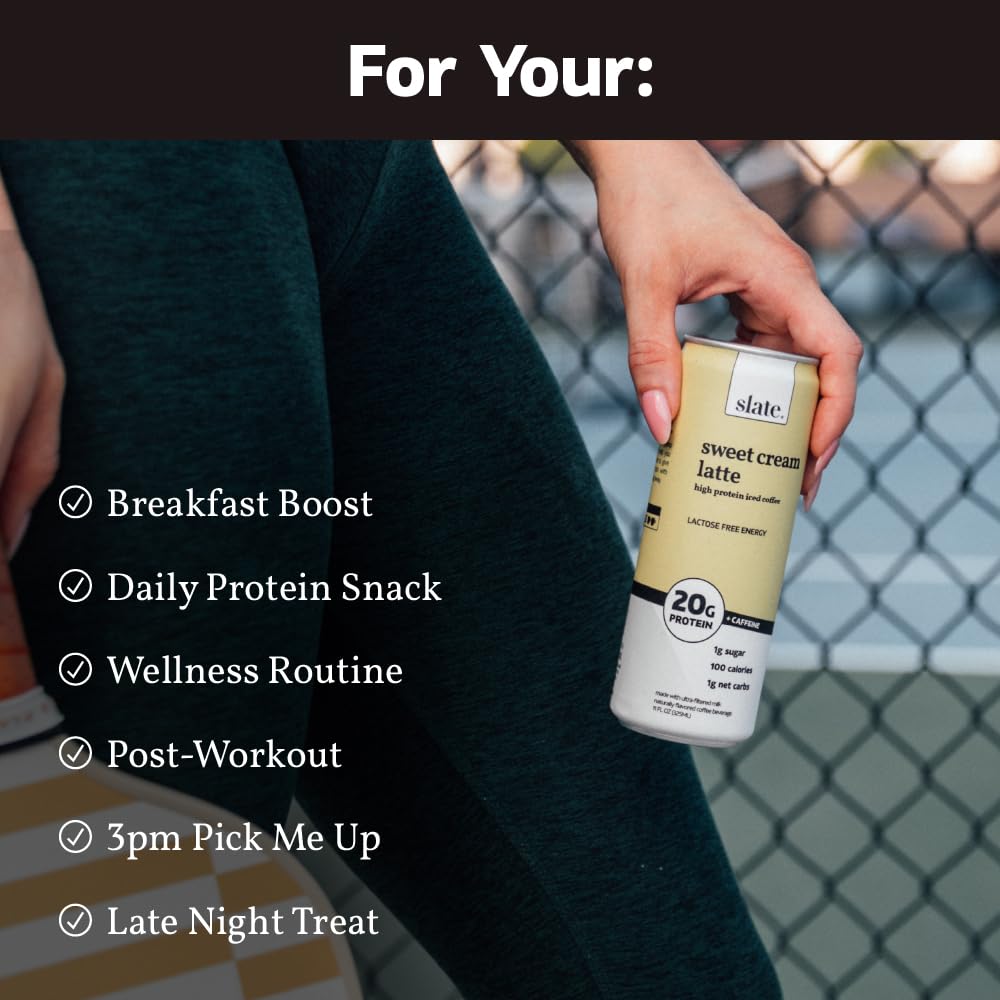 Slate Milk - High Protein Iced Coffee - Sweet Cream Latte - 175mg Caffeine, Lactose Free Energy - 20g Protein, 1g Sugar, 100 Calories, 1g Net Carbs