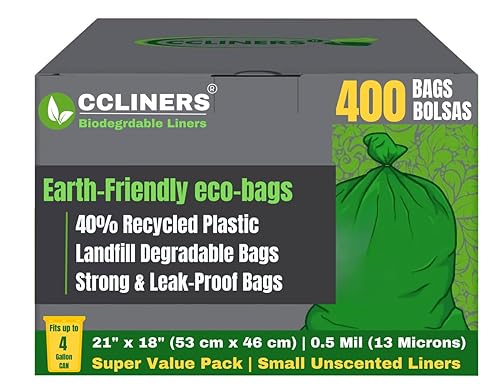 4 Gallon Trash Bag (400 ct.) 15 Liter Green Eco-friendly Garbage Bags Made W/EPI Additive(TDPA-Totally Degradable Plastic Additives) fits 2 Gal 3 Gal