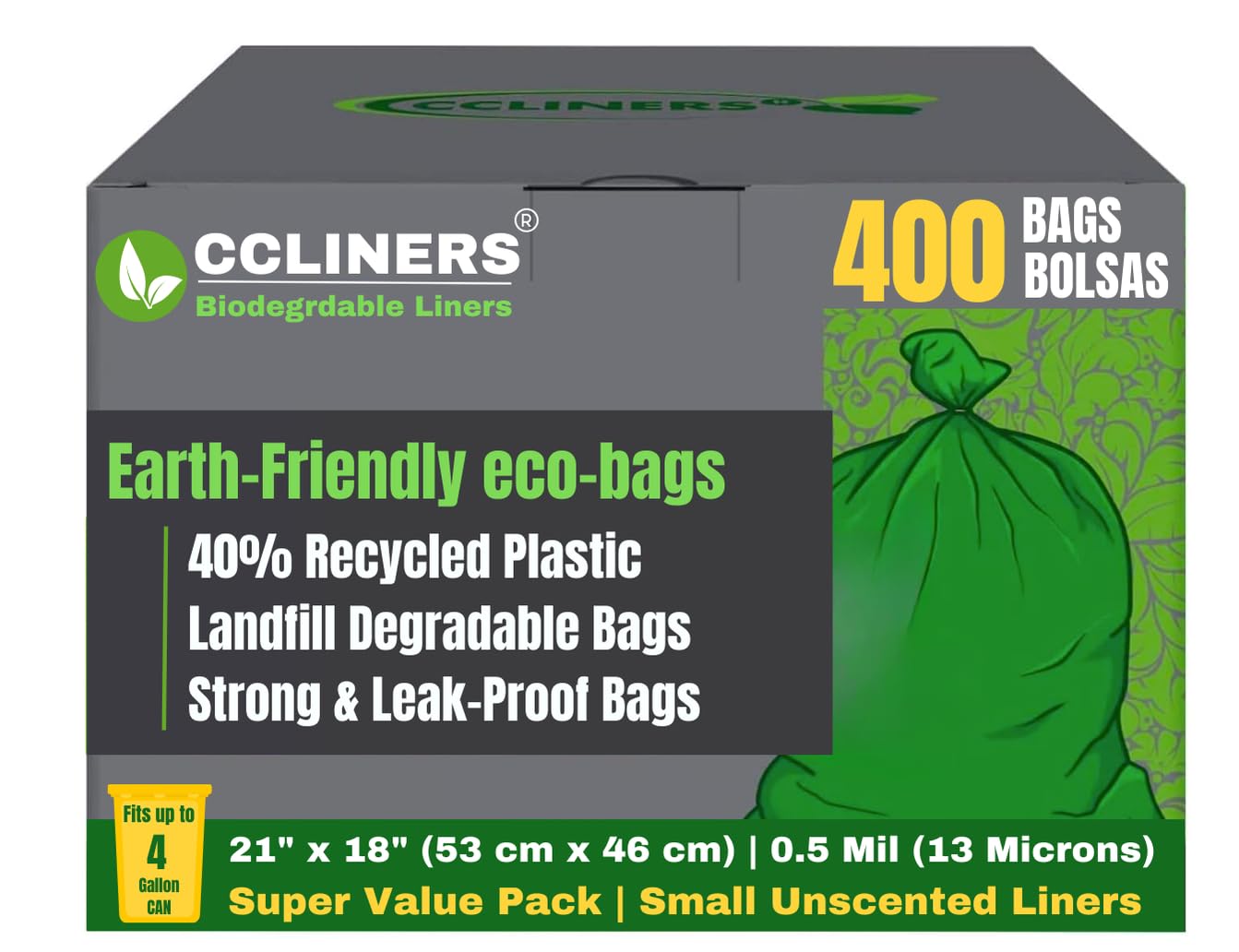 4 Gallon Trash Bag (400 ct.) 15 Liter Green Eco-friendly Garbage Bags Made W/EPI Additive(TDPA-Totally Degradable Plastic Additives) fits 2 Gal 3 Gal