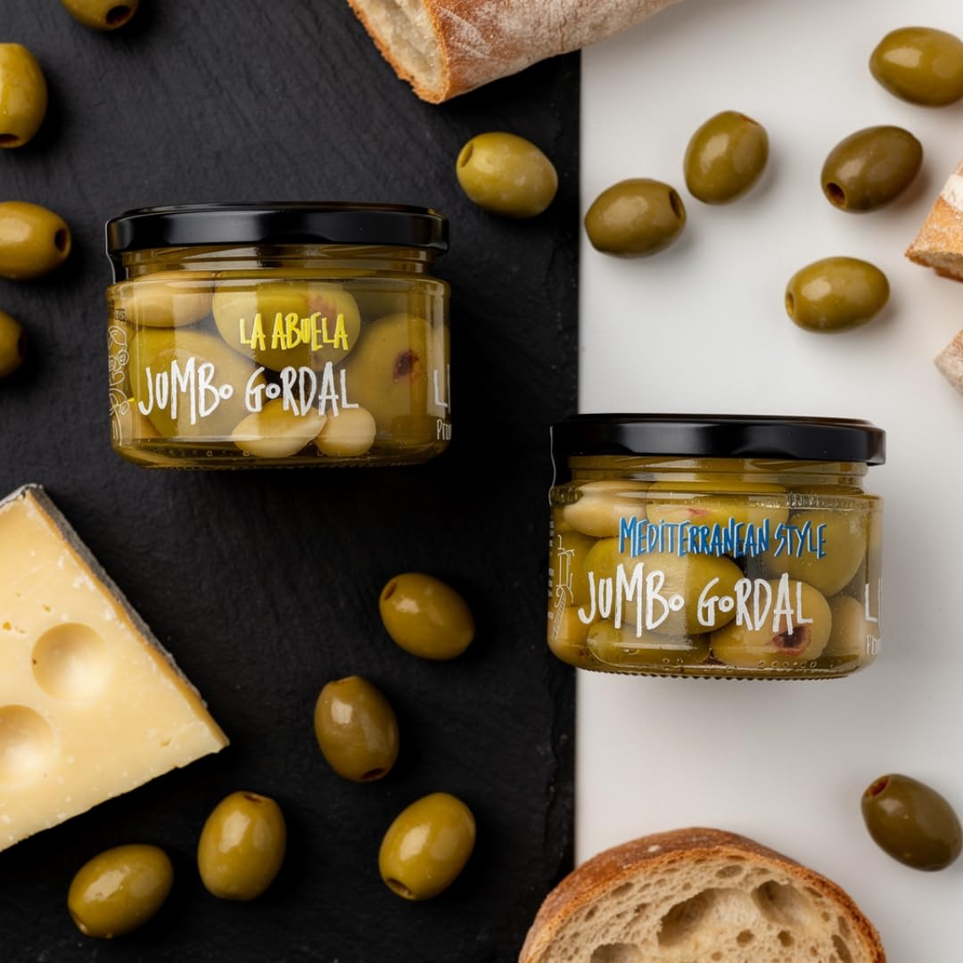 Spanish Olives Pitted | “La Abuela” and “Mediterranean Style” Marinades | Jumbo Gordal Selection | Mixed Olives for Cocktails, Snacking