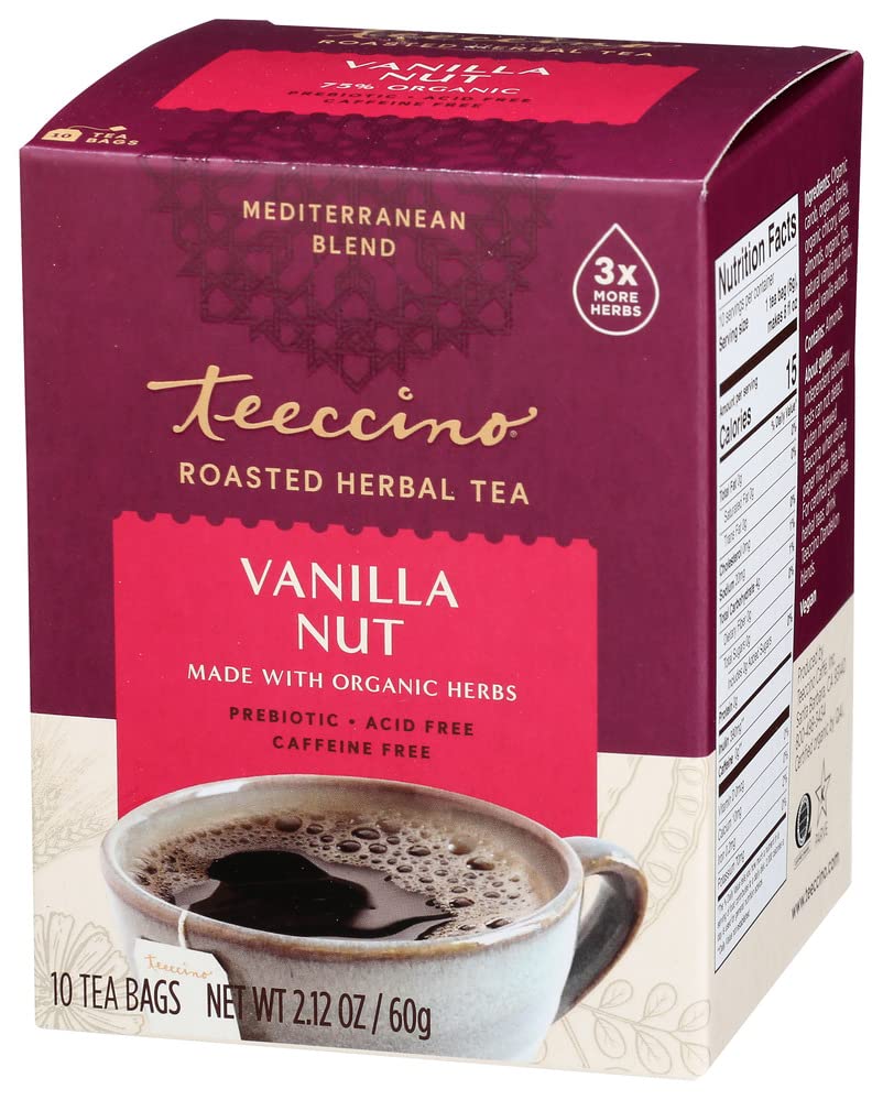 Teeccino Vanilla Nut Herbal Tea - Rich & Roasted Herbal Tea That’s Caffeine Free & Prebiotic For Natural Energy, 10 Tea Bags