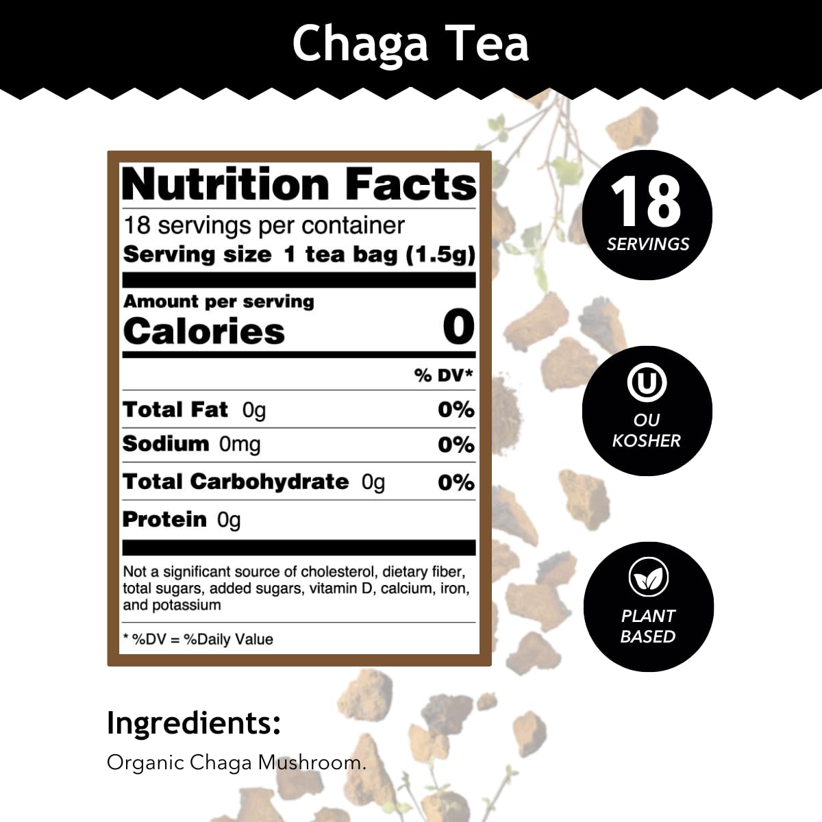 Buddha Teas - Chaga Tea - Organic Herbal Tea - For Cognitive Balance & Overall Health - With Chaga Mushroom, Antioxidants & B Vitamins - Caffeine Free