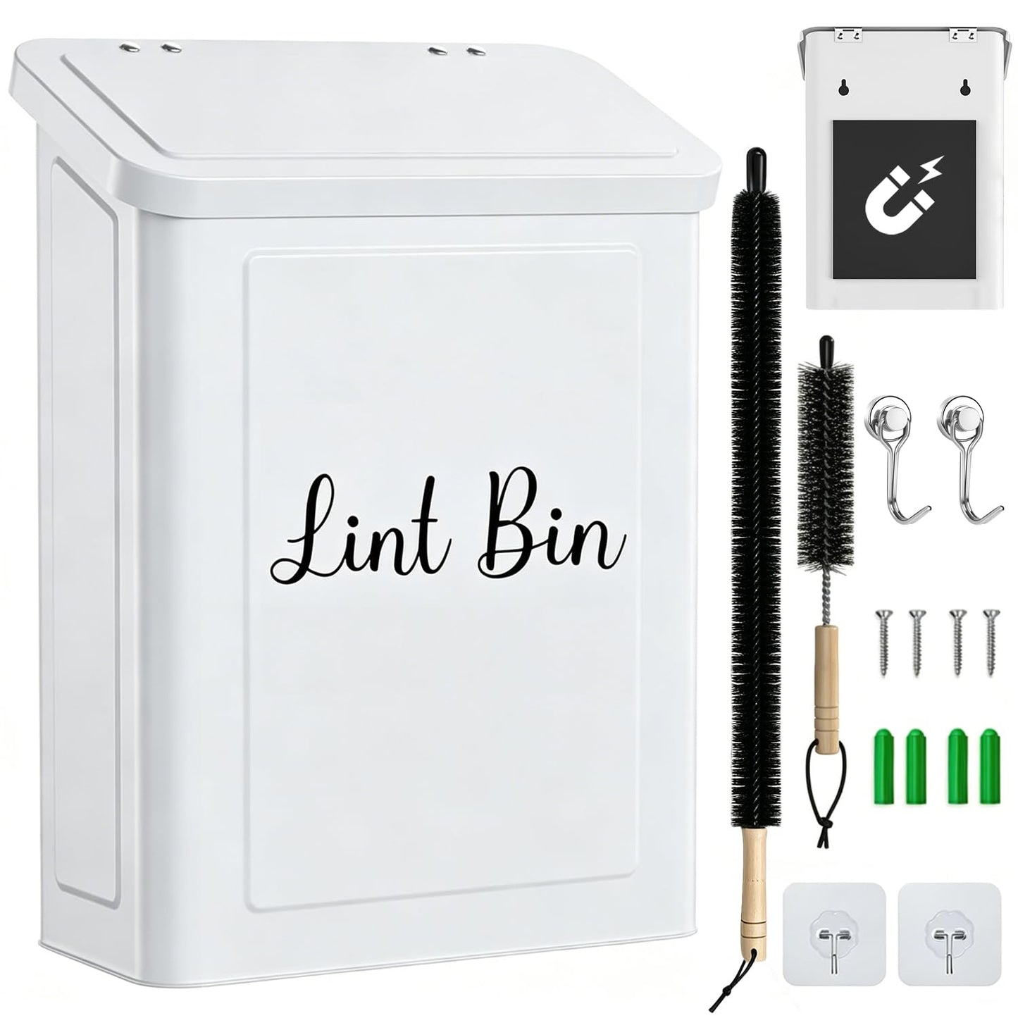 rumlick Magnetic Lint Bin for Laundry Room- Wall Mounted Metal Lint Box Holder Trash Can with Dryer Lint Brush, Laundry Room Organization and Storage