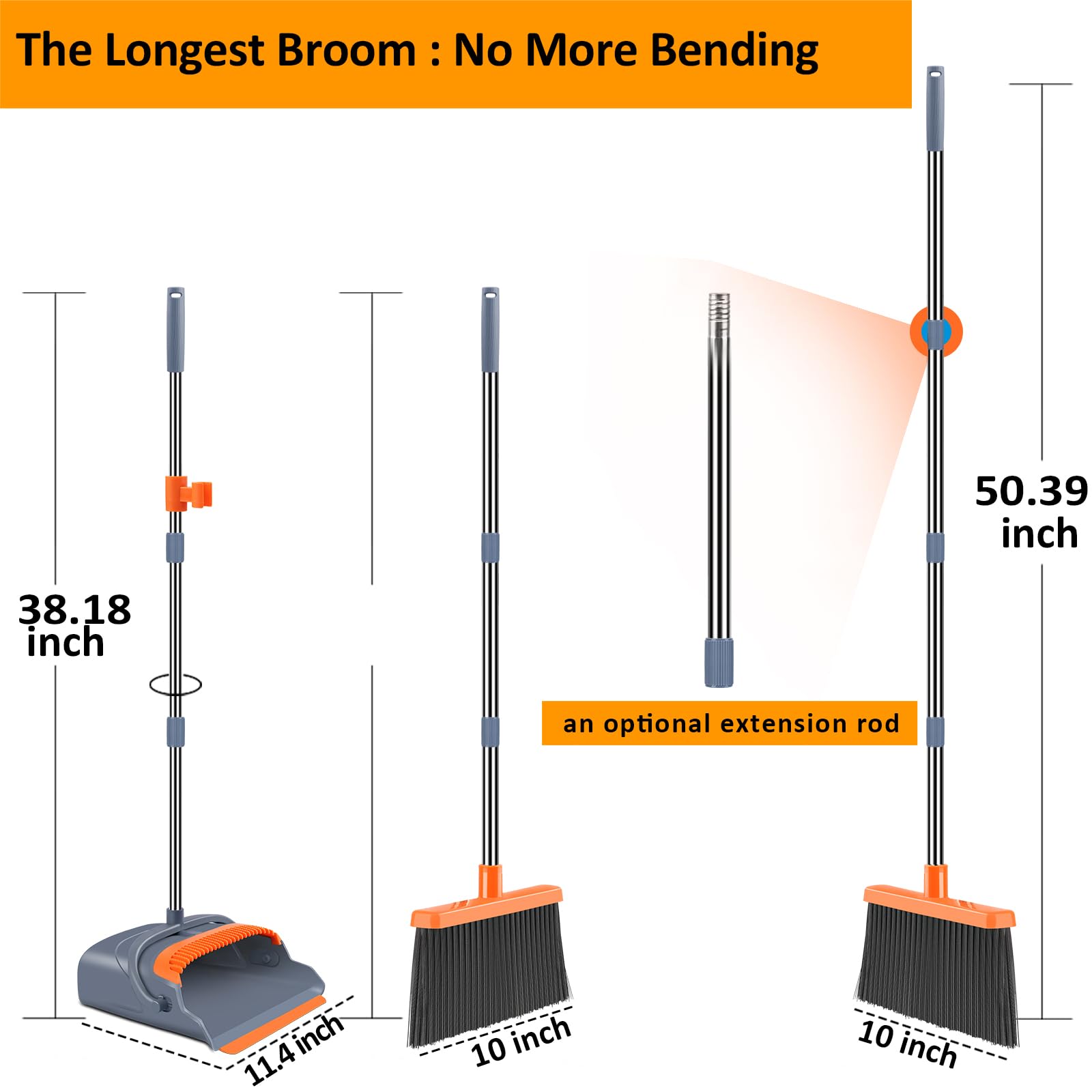 kelamayi Upgrade Broom and Dustpan Set, Self-Cleaning with Dustpan Teeth, Indoor&Outdoor Sweeping, Ideal for Dog Cat Pets Home Use, Stand Up Broom
