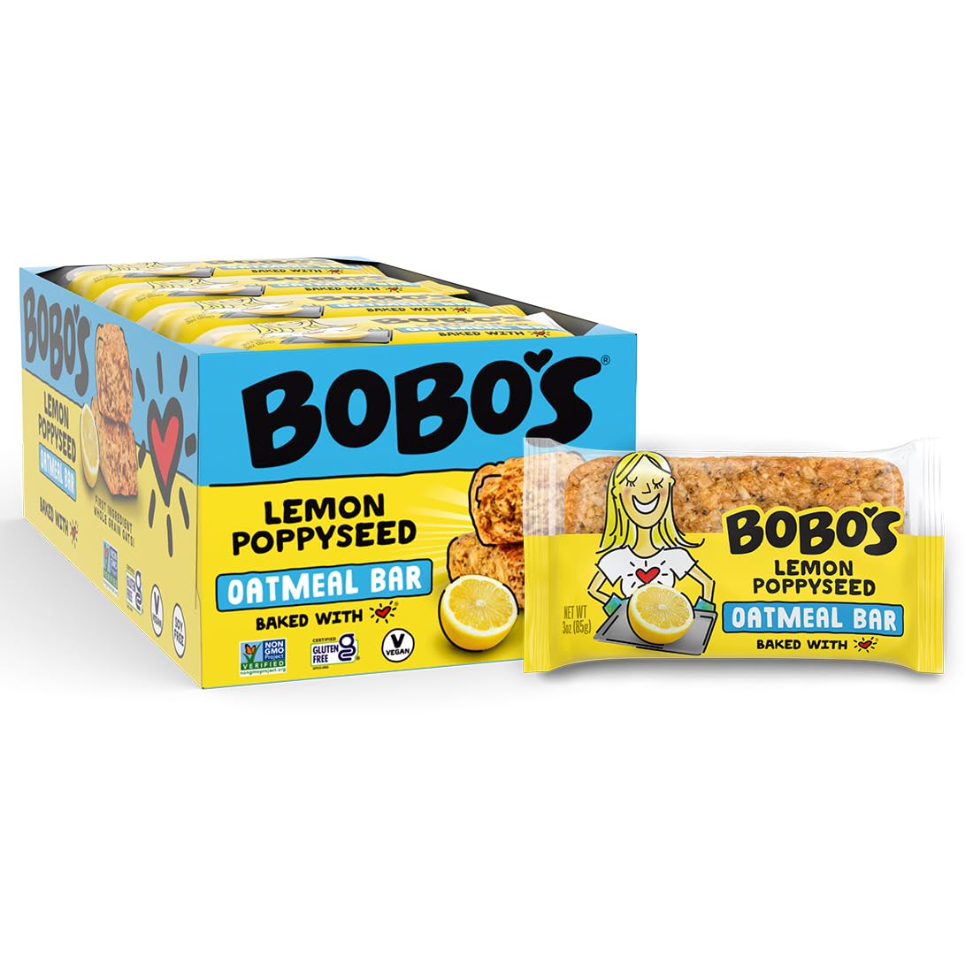 Bobo's Lemon Poppyseed Oat Bars, Simple Ingredients, Whole Grain Oats, Plant Based, Gluten Free Breakfast Bars, Non-GMO, Healthy Snacks for Adults