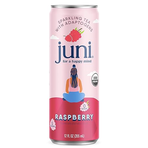 Juni Sparkling Adaptogen Drink with Ashwagandha, Lion’s Mane & Reishi Mushrooms, Zero Sugar, 5 Calories, Organic, Raspberry 12 Fl Oz