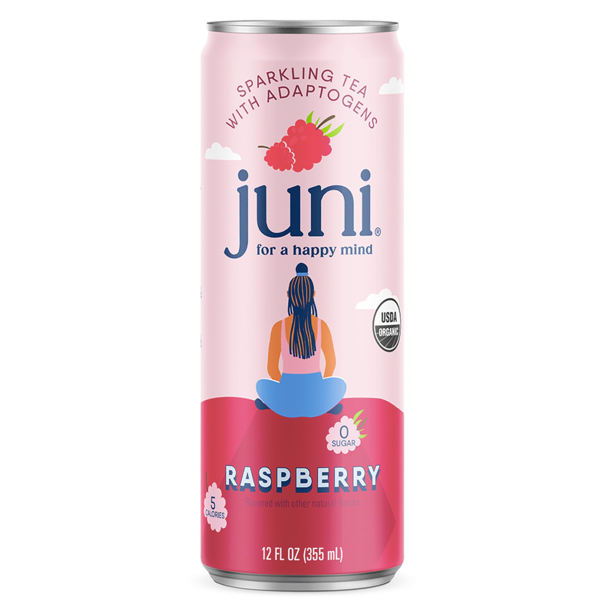 Juni Sparkling Adaptogen Drink with Ashwagandha, Lion’s Mane & Reishi Mushrooms, Zero Sugar, 5 Calories, Organic, Raspberry 12 Fl Oz