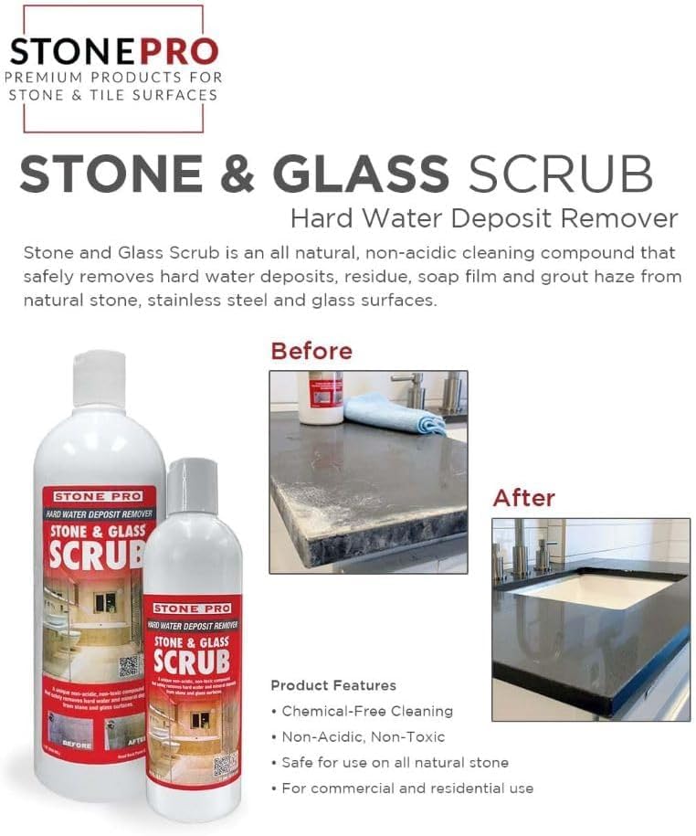 Hard Water Deposit Remover KIT - Scrub Deep Cleans Granite Countertops, Travertine Showers, Glass Shower Doors (1 Pint Stone Pro Stone & Glass -16 Fl