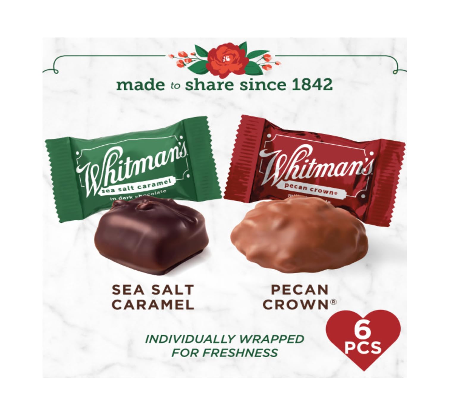 Whitman's Valentine's Day Heart Box - Assorted Milk Chocolate Pecan and Dark Chocolate Sea Salt Caramel - 6 Pieces Per Box - Start a New Tradition