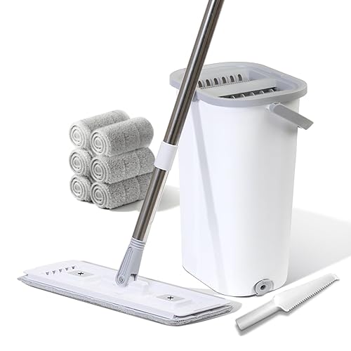 TODAYGO Wall Floor Mop Kit: Long Handle Scrubber with Wringer Bucket Washable Microfiber for Kitchen Bathroom & Hardwood - Women’s All-Purpose