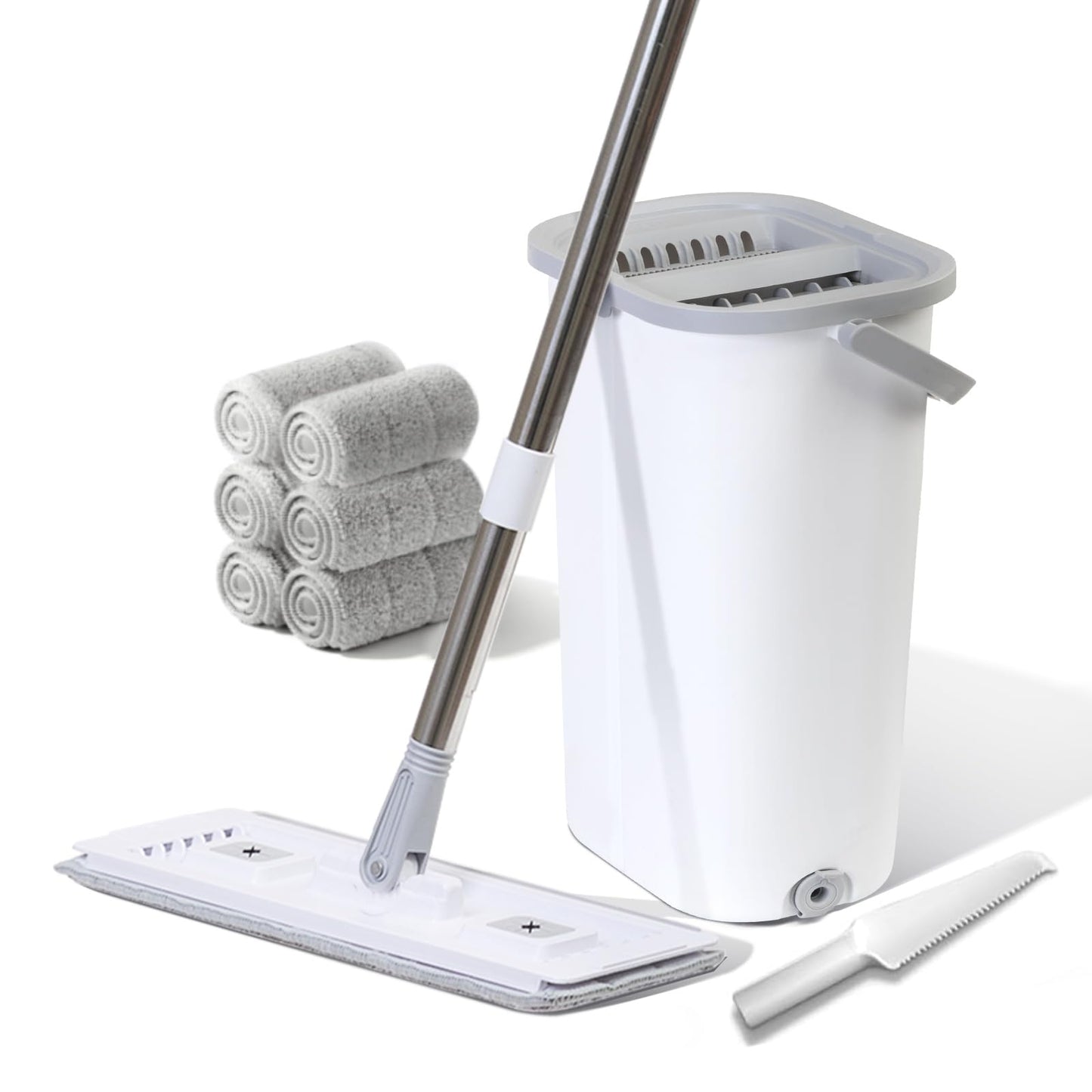 TODAYGO Wall Floor Mop Kit: Long Handle Scrubber with Wringer Bucket Washable Microfiber for Kitchen Bathroom & Hardwood - Women’s All-Purpose
