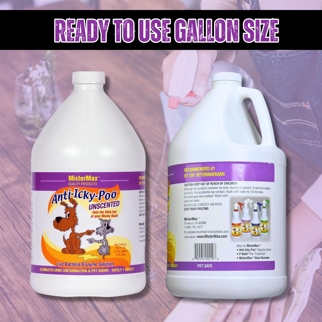 Mister Max Anti Icky Poo Unscented Enzyme Cleaner - Pet Urine, Dog & Cat Urine Odor Remover, 4-Gallons