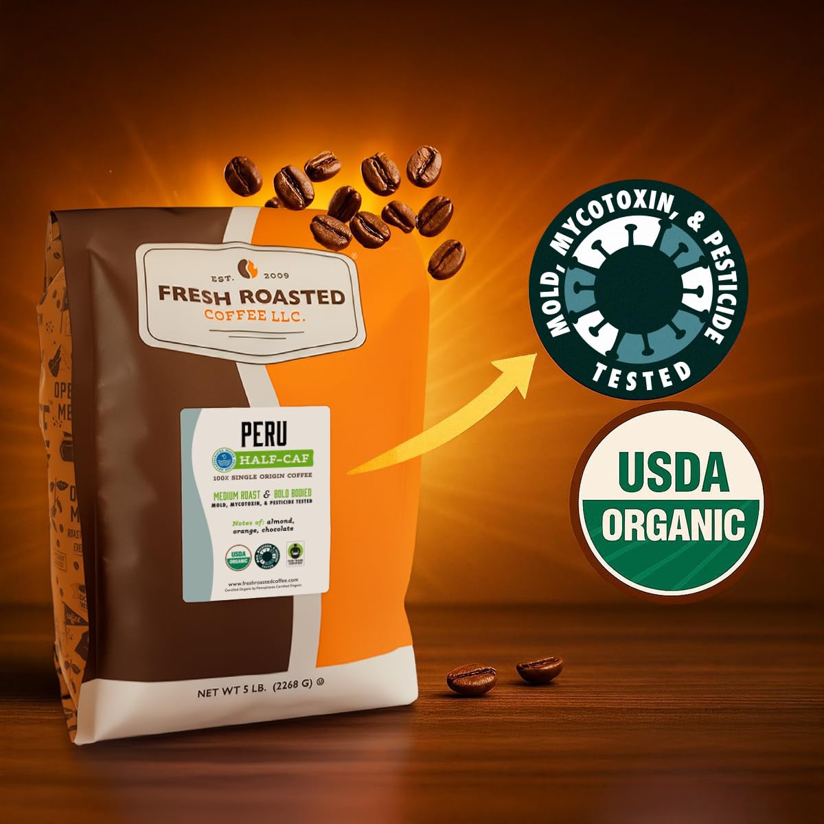 Fresh Roasted Coffee, Organic Peru Water-Processed Half-Caf Drip Ground Coffee, Medium Roast, USDA Organic, 3rd Party Tested for Mold, Mycotoxin