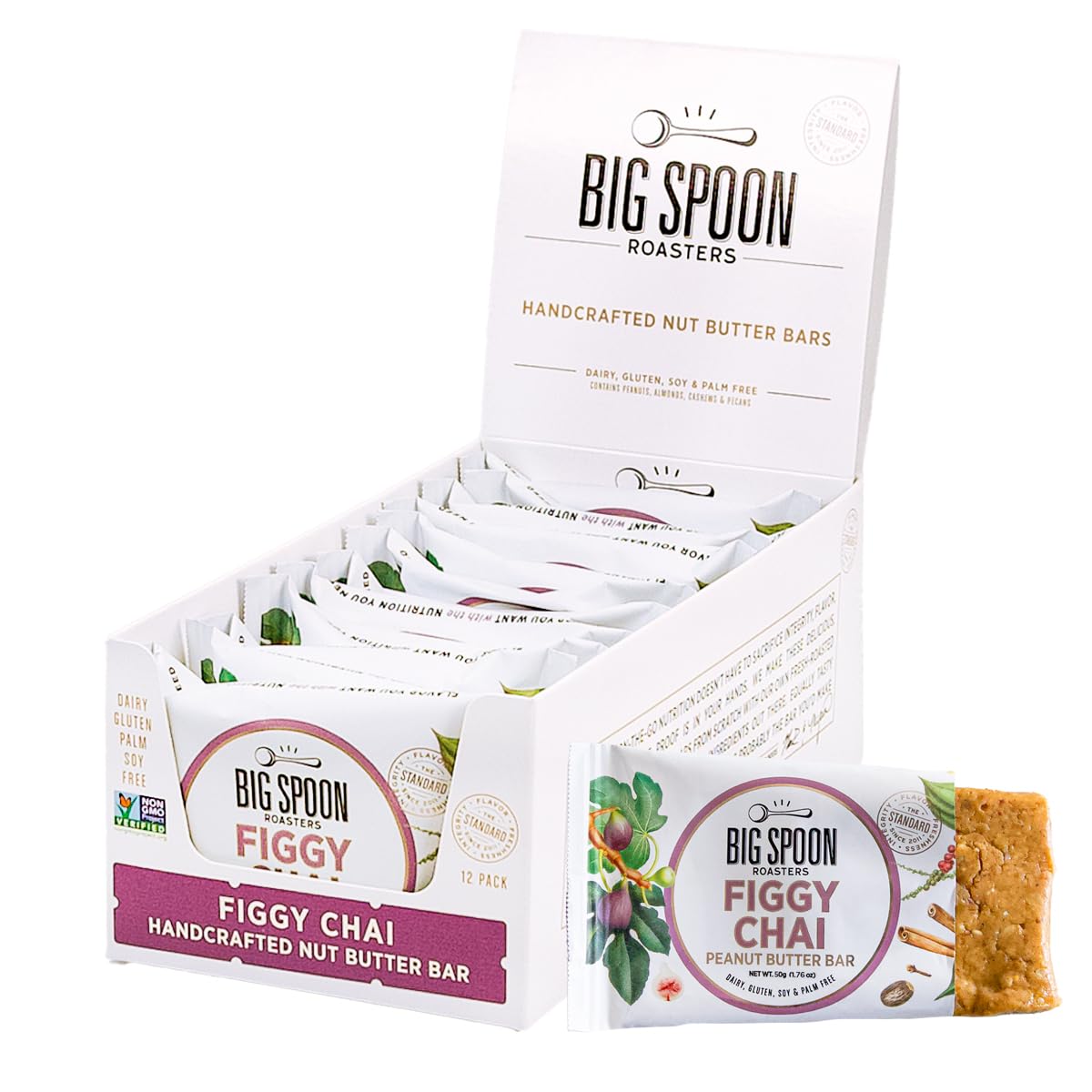 Big Spoon Roasters Figgy Chai Nut Butter Bars - Low Carb, High Protein Bars w/Pea Protein - Vegan Energy Snacks w/Peanut & Almond Butter