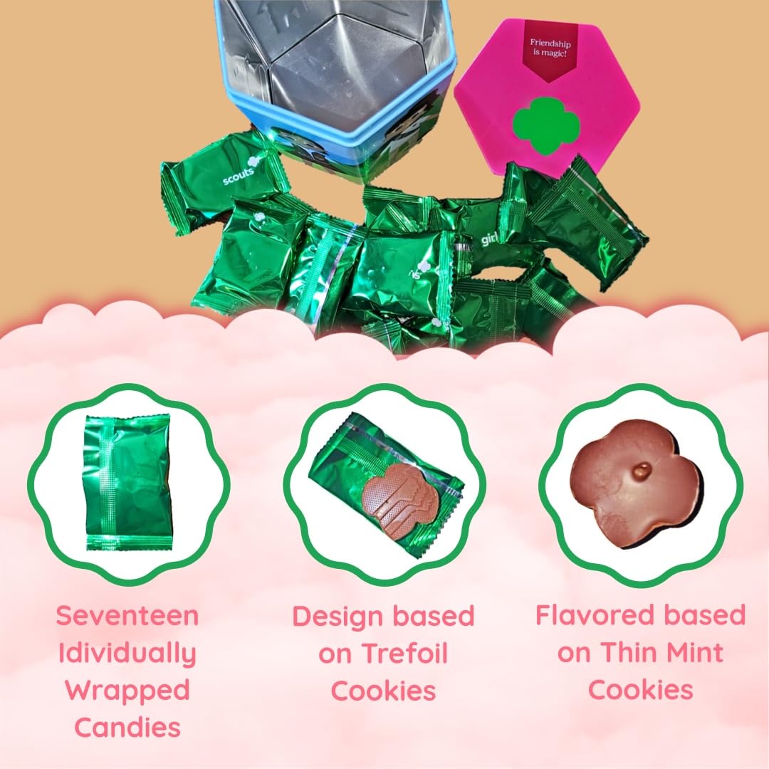 Thin Mint Trefoils 6oz Milk Chocolate Candies - GS Cookie Inspired - 17 Individually Wrapped Mint Chocolate Candy Packaged In Reusable GS Keepsake Tin