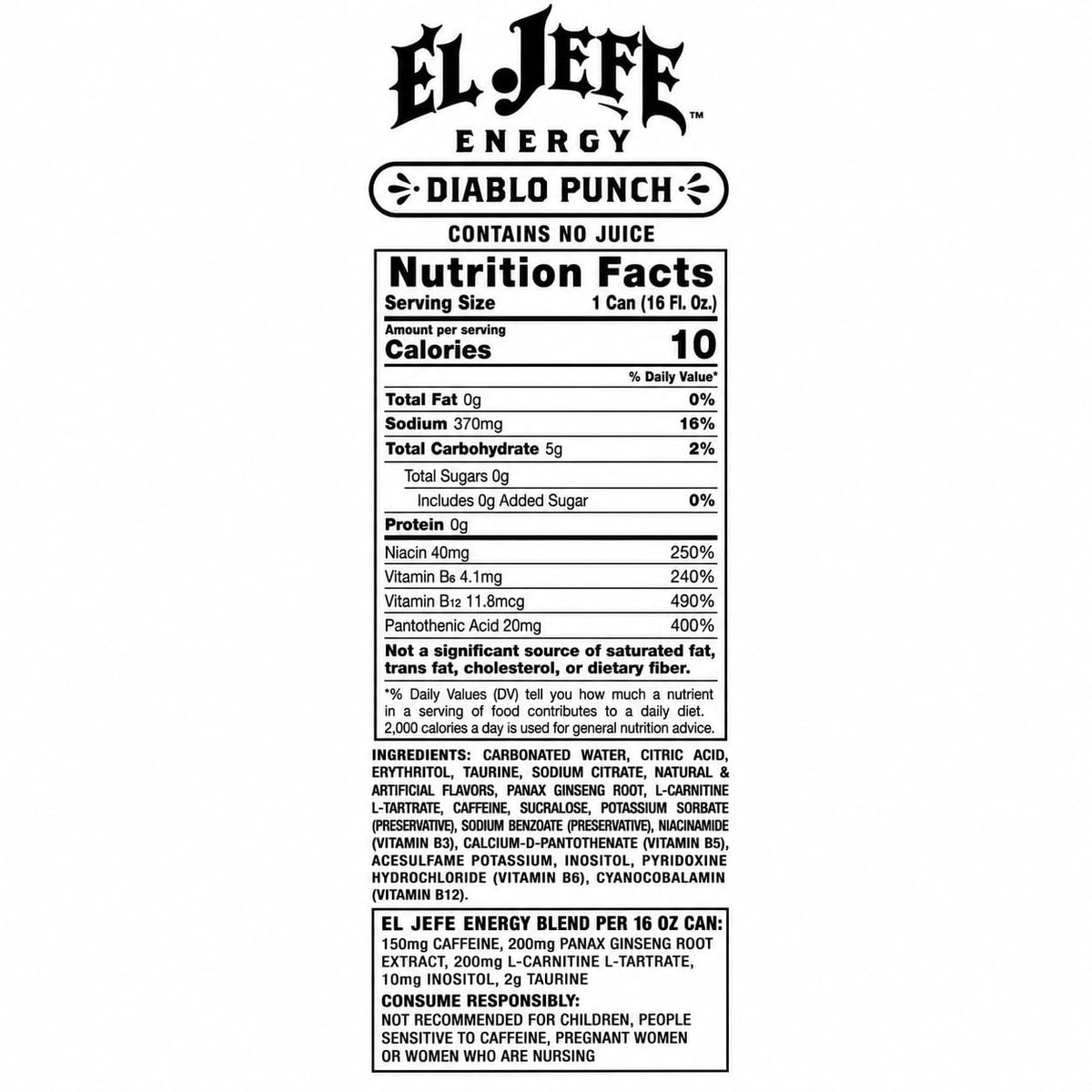 EL JEFE Energy Drink, Diablo Punch, Zero Sugar, 16 fl oz Cans, 12-Pack