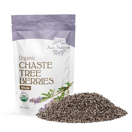 Halo Naturals Organic Chaste Tree Berries Whole Cut & Sifted, 1 Pound (Vitex agnus castus) USDA Certified | Resealable Pouch| Packaged in The USA